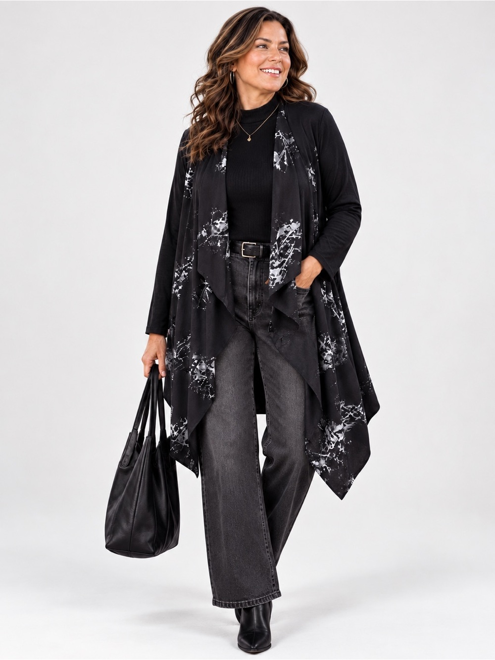 Black & Grey Draped Waterfall Cardigan 2X | Flowy Open Front Layering Top